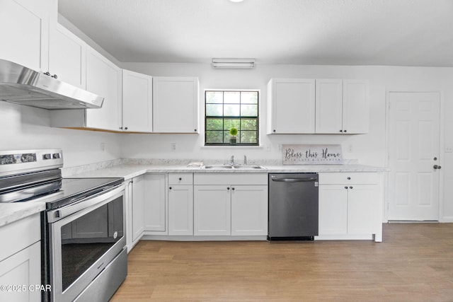 10367 NW County Road 274, Altha, FL 32421 - kitchen with appliances with stainless steel finishes, under cabinet range hood, a sink, light wood finished floors, and white cabinetry