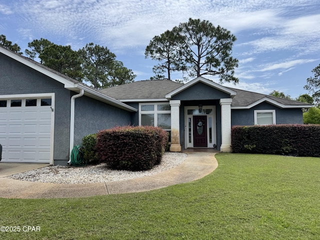 single story home with stucco siding, a front lawn, an attached garage, and roof with shingles