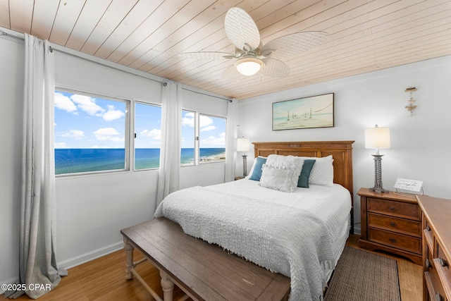 bedroom featuring wood ceiling, wood finished floors, a water view, and a ceiling fan