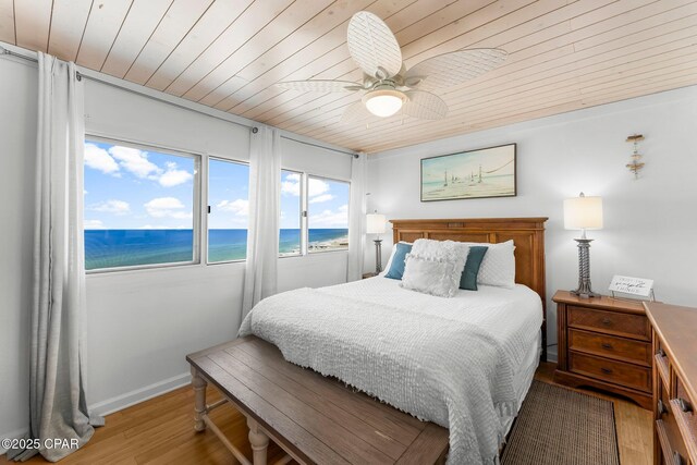 23223 Front Bch Unit A-Ph30, Panama City Beach, FL 32413 - bedroom featuring wood ceiling, wood finished floors, a water view, and a ceiling fan