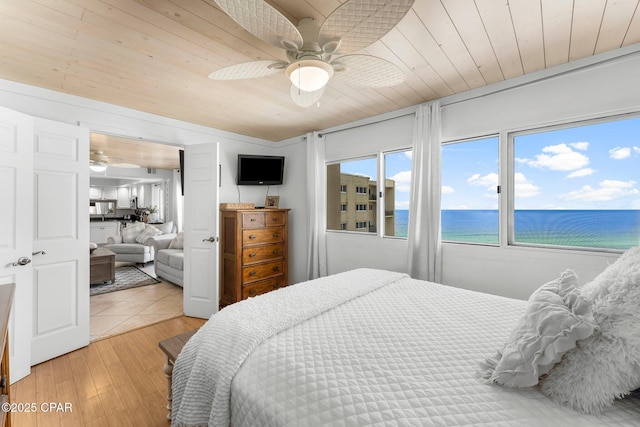 bedroom with wooden ceiling, light wood-style flooring, and ceiling fan
