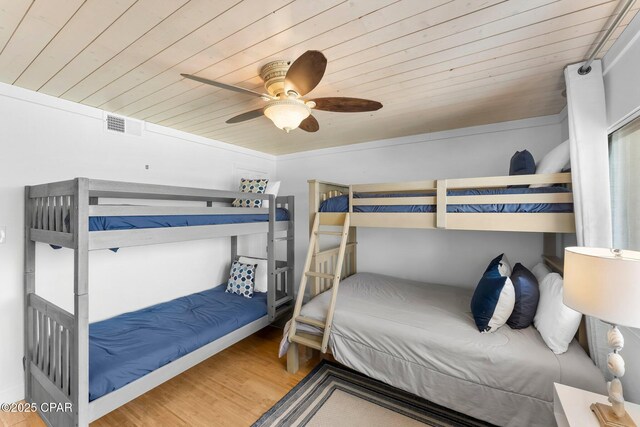 bedroom featuring wooden ceiling, wood finished floors, and a ceiling fan