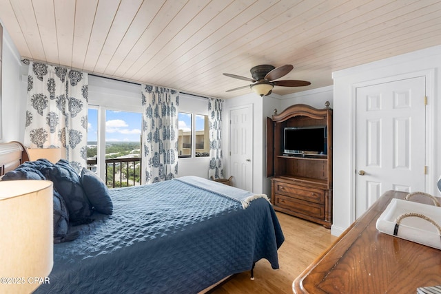 bedroom with access to exterior, light wood-style floors, wood ceiling, and a ceiling fan