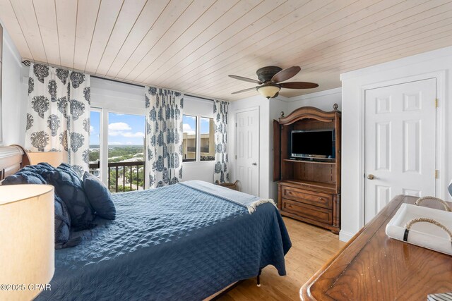 23223 Front Bch Unit A-Ph30, Panama City Beach, FL 32413 - bedroom with access to outside, light wood-type flooring, wood ceiling, and a ceiling fan