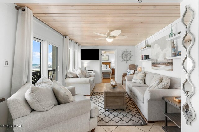 23223 Front Bch Unit A-Ph30, Panama City Beach, FL 32413 - living area with light tile patterned floors, ceiling fan, and wood ceiling