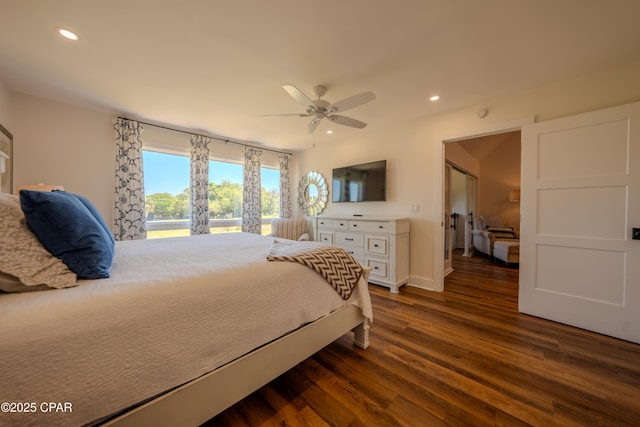 bedroom featuring dark wood finished floors, recessed lighting, access to outside, ceiling fan, and baseboards
