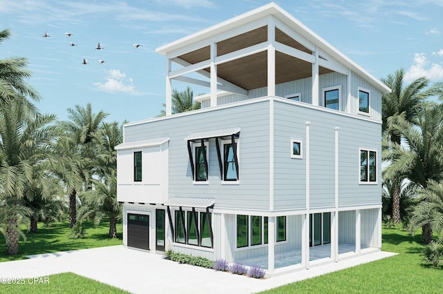 208 George C Wallace, Panama City Beach, FL 32413 - view of property exterior featuring a lawn, a garage, driveway, board and batten siding, and a balcony