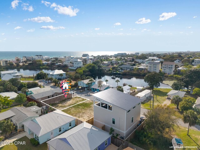208 George C Wallace, Panama City Beach, FL 32413 - aerial perspective of suburban area featuring property parcel outlined and a large body of water