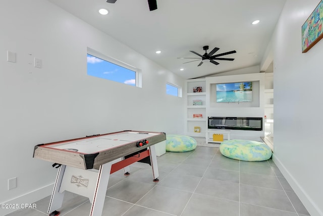 208 George C Wallace, Panama City Beach, FL 32413 - game room featuring a ceiling fan, recessed lighting, vaulted ceiling, baseboards, and tile patterned flooring