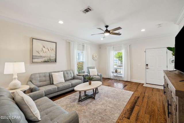 13 St. Vincent Lane, Inlet Beach, FL 32461 - living area featuring crown molding, hardwood / wood-style flooring, a ceiling fan, and recessed lighting