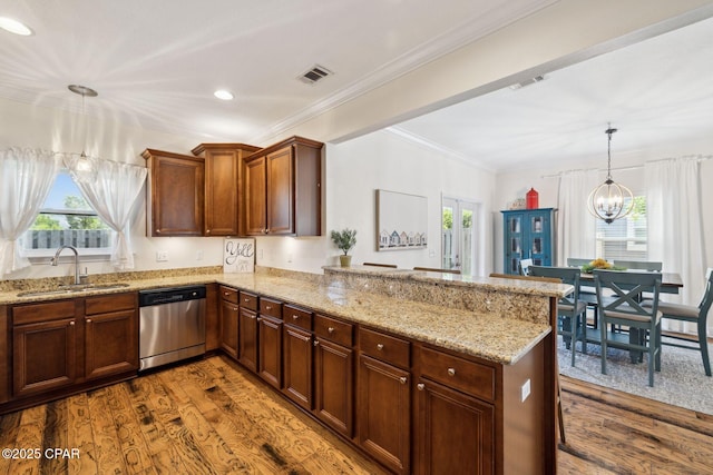 13 St. Vincent Lane, Inlet Beach, FL 32461 - kitchen with stainless steel dishwasher, a peninsula, dark wood-type flooring, healthy amount of natural light, and recessed lighting