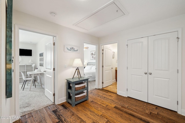 13 St. Vincent Lane, Inlet Beach, FL 32461 - corridor featuring attic access and dark wood-style floors