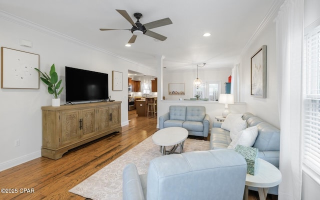 13 St. Vincent Lane, Inlet Beach, FL 32461 - living room with crown molding, ceiling fan, recessed lighting, and wood finished floors