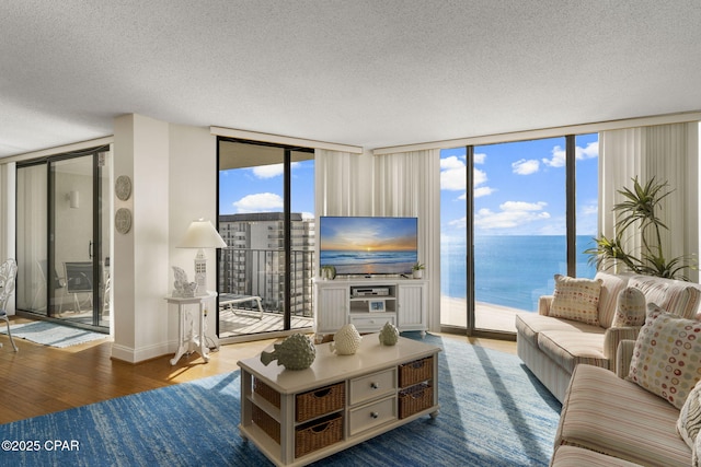 living area featuring expansive windows, a textured ceiling, wood finished floors, and baseboards