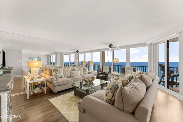 6905 Thomas Dr Unit 807, Panama City Beach, FL 32408 - living area with a water view, a ceiling fan, plenty of natural light, wood finished floors, and crown molding