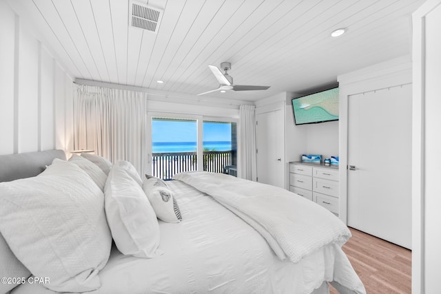 17735 Front Beach Rd Unit 4, Panama City Beach, FL 32413 - bedroom featuring access to exterior, light wood-style flooring, recessed lighting, wood ceiling, and ceiling fan