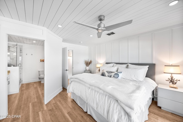 17735 Front Beach Rd Unit 4, Panama City Beach, FL 32413 - bedroom with wood ceiling, recessed lighting, light wood-type flooring, attic access, and ceiling fan