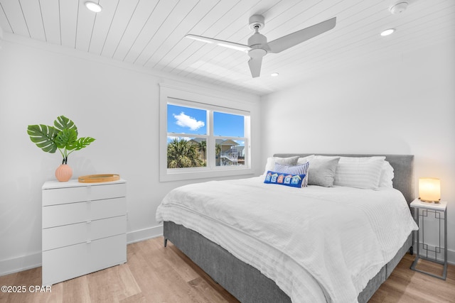 17735 Front Beach Rd Unit 4, Panama City Beach, FL 32413 - bedroom featuring wood finished floors, wood ceiling, recessed lighting, a ceiling fan, and baseboards