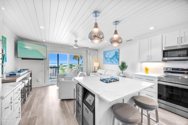 17735 Front Beach Rd Unit 4, Panama City Beach, FL 32413 - kitchen featuring appliances with stainless steel finishes, open floor plan, wooden ceiling, a breakfast bar, and white cabinets