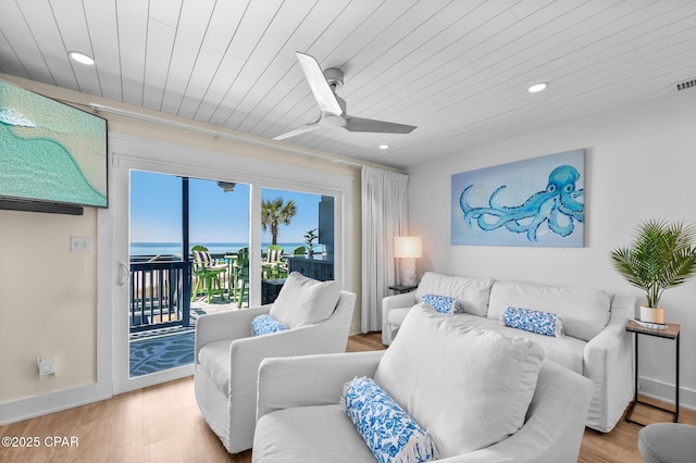 17735 Front Beach Rd Unit 4, Panama City Beach, FL 32413 - living area featuring wood ceiling, light wood finished floors, recessed lighting, ceiling fan, and baseboards