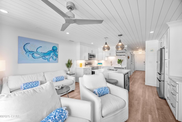 17735 Front Beach Rd Unit 4, Panama City Beach, FL 32413 - living room featuring wood ceiling, recessed lighting, ceiling fan, and light wood finished floors