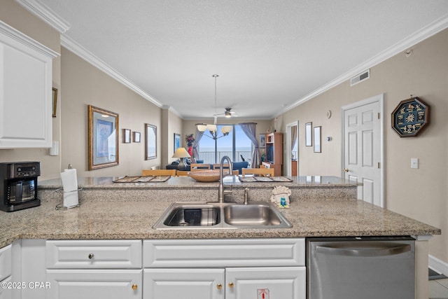 17545 Front Beach Rd Unit 1705, Panama City Beach, FL 32413 - kitchen featuring stainless steel dishwasher, a sink, ornamental molding, white cabinets, and a peninsula