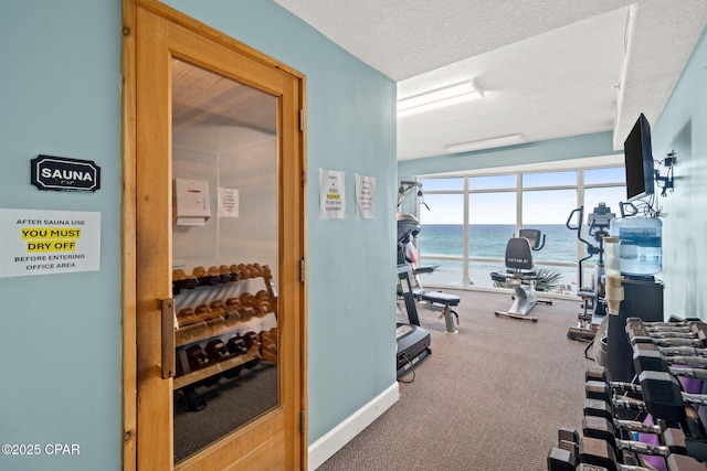 17545 Front Beach Rd Unit 1705, Panama City Beach, FL 32413 - gym featuring carpet floors and a textured ceiling