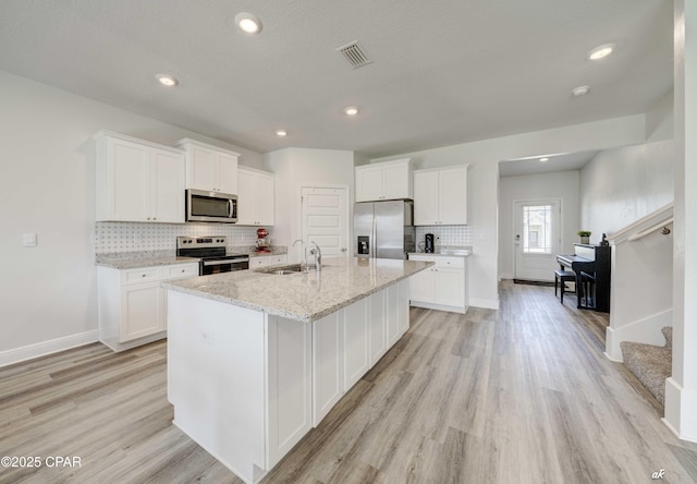 4862 Sweetspire Dr, Panama City, FL 32404 - kitchen with appliances with stainless steel finishes, backsplash, white cabinetry, light wood finished floors, and recessed lighting