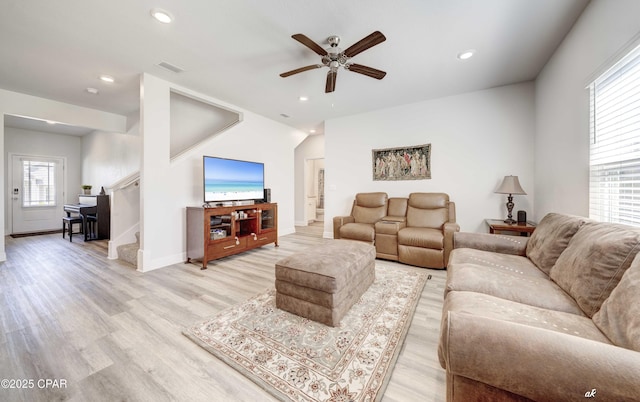4862 Sweetspire Dr, Panama City, FL 32404 - living room featuring a ceiling fan, recessed lighting, light wood-style flooring, and stairway