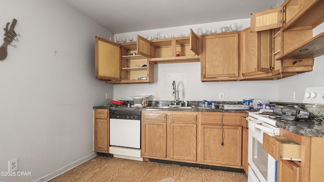 kitchen with white appliances, open shelves, light wood-style flooring, and dark countertops