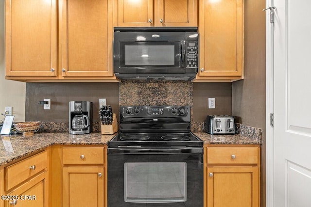 16701 Front Beach Rd Unit 306, Panama City Beach, FL 32413 - kitchen featuring black appliances, backsplash, and dark stone countertops