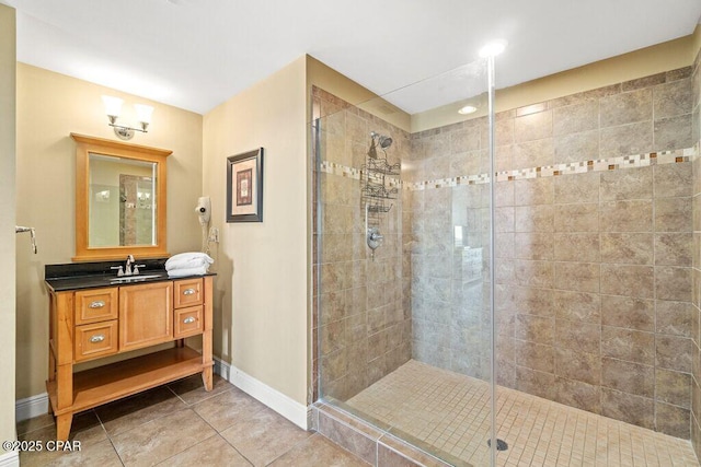 16701 Front Beach Rd Unit 306, Panama City Beach, FL 32413 - full bathroom featuring tile patterned floors, a stall shower, vanity, and baseboards