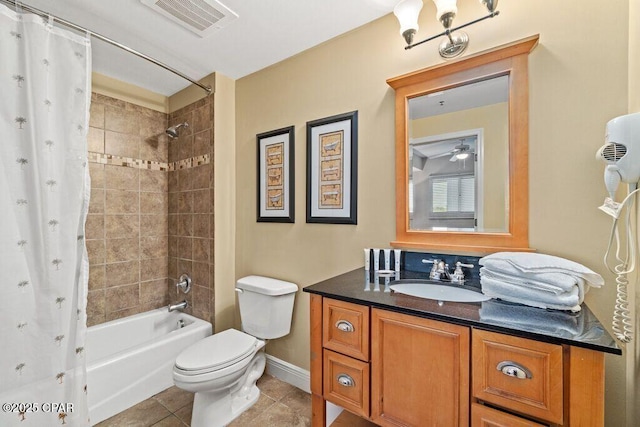 16701 Front Beach Rd Unit 306, Panama City Beach, FL 32413 - bathroom with vanity, shower / bath combination with curtain, toilet, tile patterned floors, and baseboards