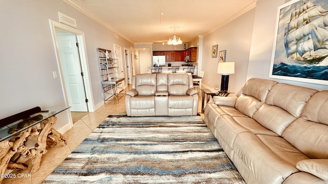 17643 Front Beach Rd Unit 1704, Panama City Beach, FL 32413 - living area with a chandelier, light tile patterned floors, and ornamental molding