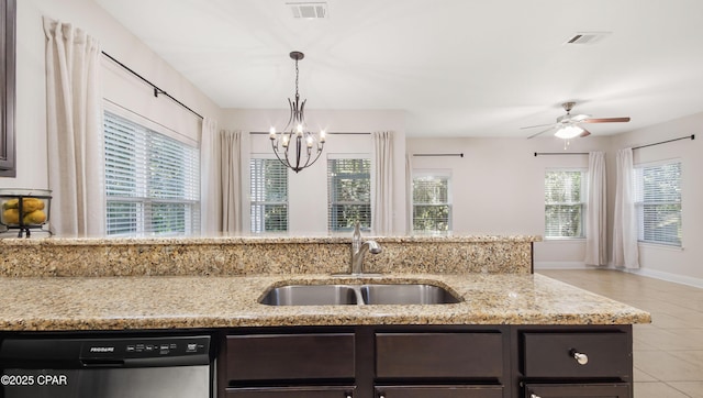 76 Mosaic Oaks Cir, Santa Rosa Beach, FL 32459 - kitchen featuring a sink, dishwashing machine, light tile patterned flooring, a chandelier, and plenty of natural light