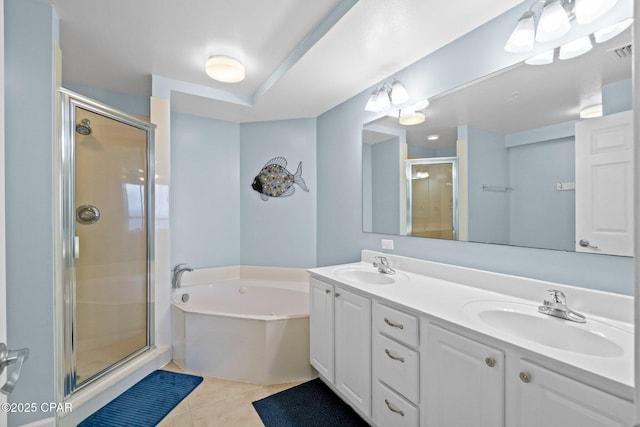 14825 Front Beach Rd Unit 2210, Panama City Beach, FL 32413 - bathroom featuring a stall shower, a bath, double vanity, and tile patterned floors