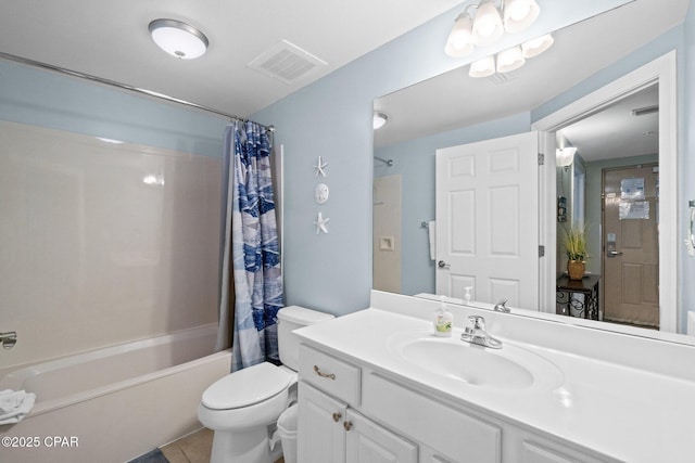 14825 Front Beach Rd Unit 2210, Panama City Beach, FL 32413 - bathroom with shower / bathtub combination with curtain, toilet, vanity, and tile patterned flooring