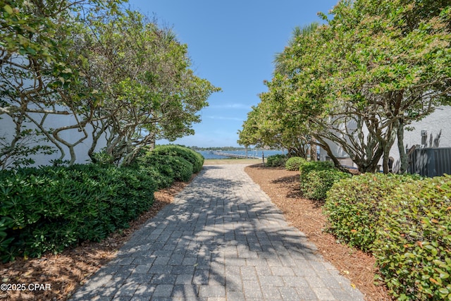 view of community with a water view