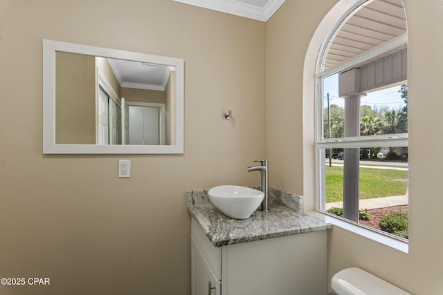 468 Forest Shore Dr, Miramar Beach, FL 32550 - bathroom featuring crown molding, vanity, and toilet