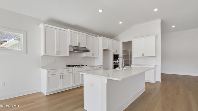 kitchen featuring under cabinet range hood, appliances with stainless steel finishes, backsplash, light wood finished floors, and an island with sink