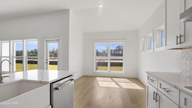 kitchen featuring dishwasher, a sink, under cabinet range hood, light wood-style floors, and lofted ceiling