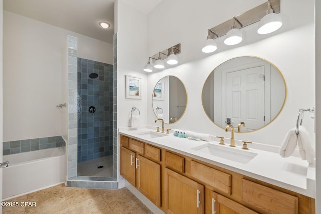 231 Somerset Bridge Rd Unit 1103, Santa Rosa Beach, FL 32459 - bathroom featuring tiled shower, tile patterned floors, a garden tub, and double vanity
