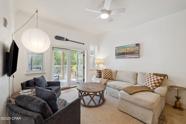 231 Somerset Bridge Rd Unit 1103, Santa Rosa Beach, FL 32459 - living room featuring ornamental molding, a ceiling fan, and baseboards
