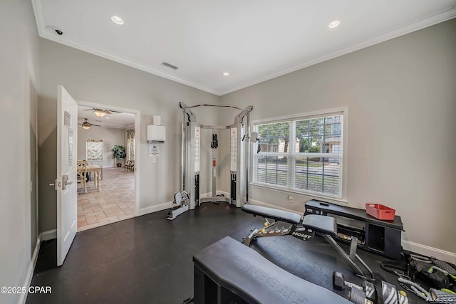 workout room with crown molding, baseboards, recessed lighting, and ceiling fan