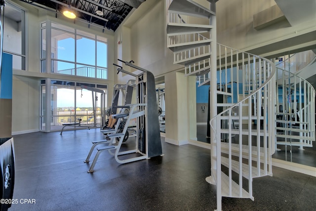 workout area featuring a high ceiling and baseboards