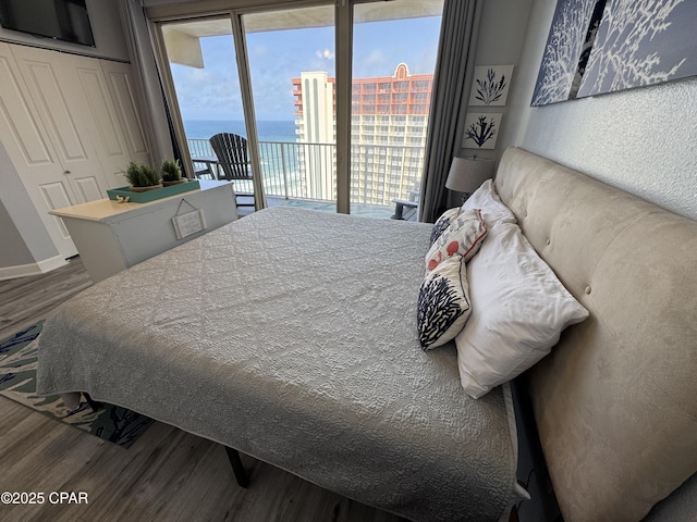 9900 S Thomas Dr Unit 2023, Panama City Beach, FL 32408 - bedroom featuring wood finished floors, access to exterior, a water view, and a closet