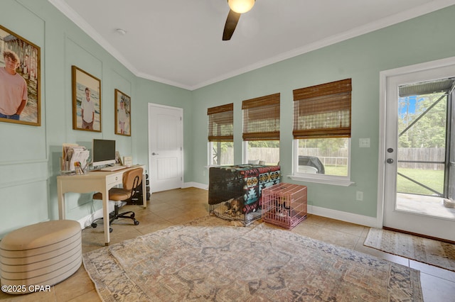 1104 Zephyr, Panama City, FL 32404 - home office with tile patterned flooring, a ceiling fan, ornamental molding, and baseboards