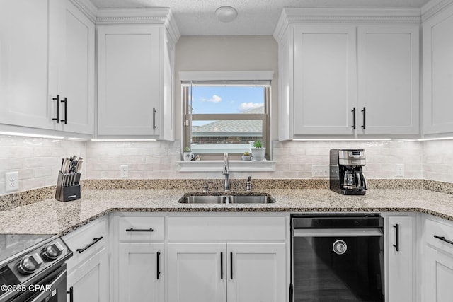 4724 Bylsma Cir, Panama City, FL 32404 - kitchen with black dishwasher, a sink, white cabinetry, electric stove, and backsplash
