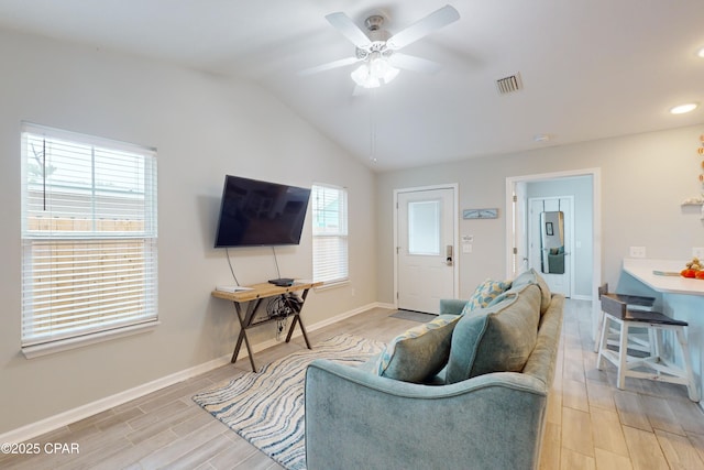 6128 Loquat St, Panama City Beach, FL 32408 - living area with light wood-style floors, lofted ceiling, a ceiling fan, baseboards, and recessed lighting
