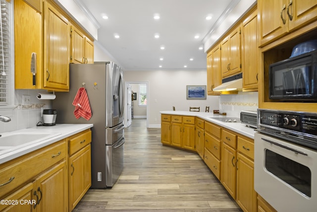16532 SW Mimosa St, Blountstown, FL 32424 - kitchen featuring black appliances, under cabinet range hood, light countertops, a peninsula, and light wood-style flooring